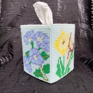 Vintage cottage core floral needlepoint tissue box cover granny chic flower